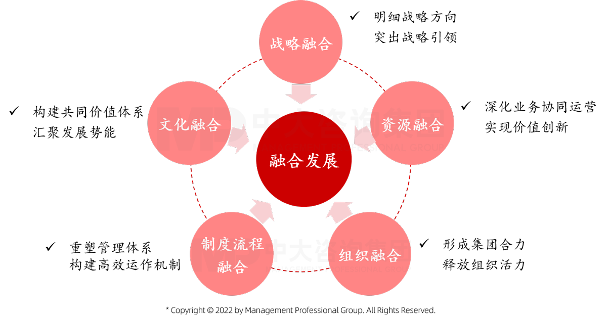 中大咨詢認為重組整合關鍵在于重組后企業(yè)內部如何融合發(fā)展，主要包括戰(zhàn)略融合、資源融合、組織融合、制度流程融合、文化融合五個方面的內容。