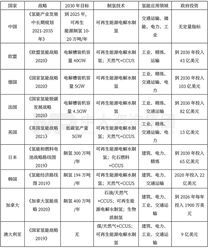 全球主要國家氫能戰(zhàn)略制定情況，中大咨詢整理